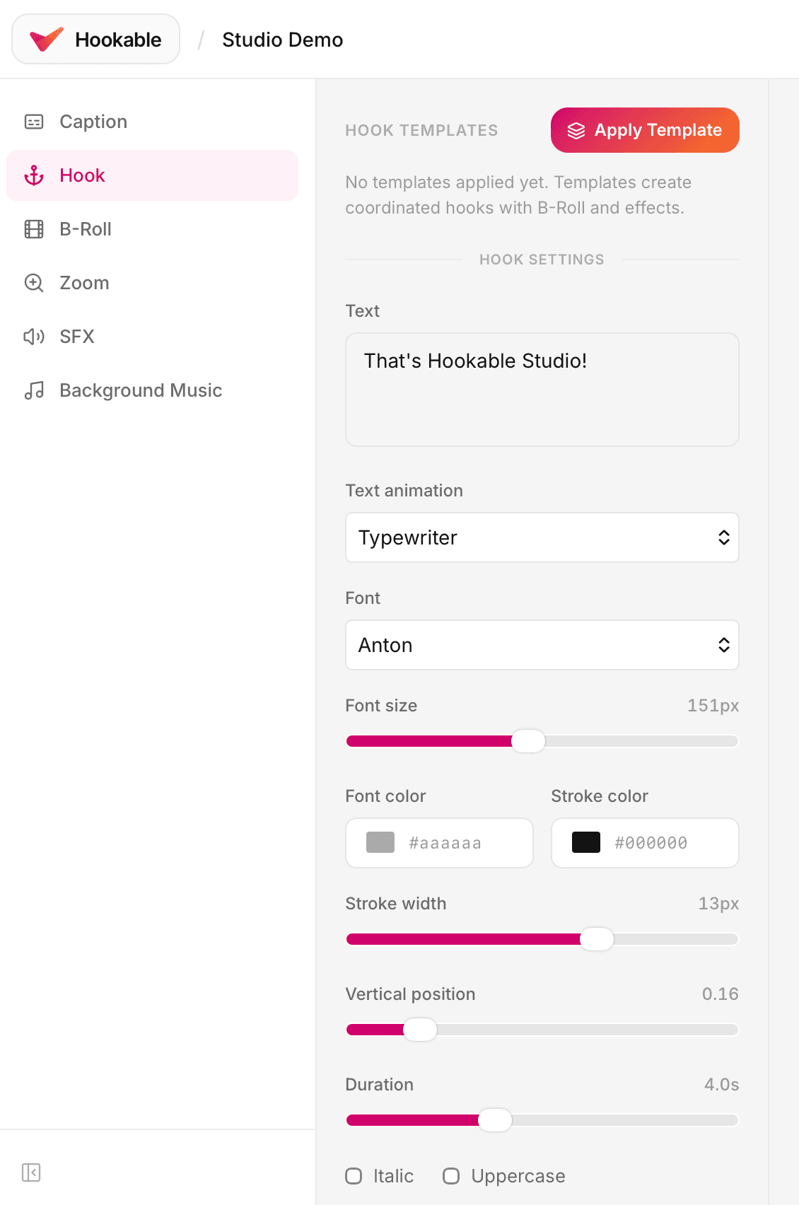 Hook panel showing text overlay editor and template picker