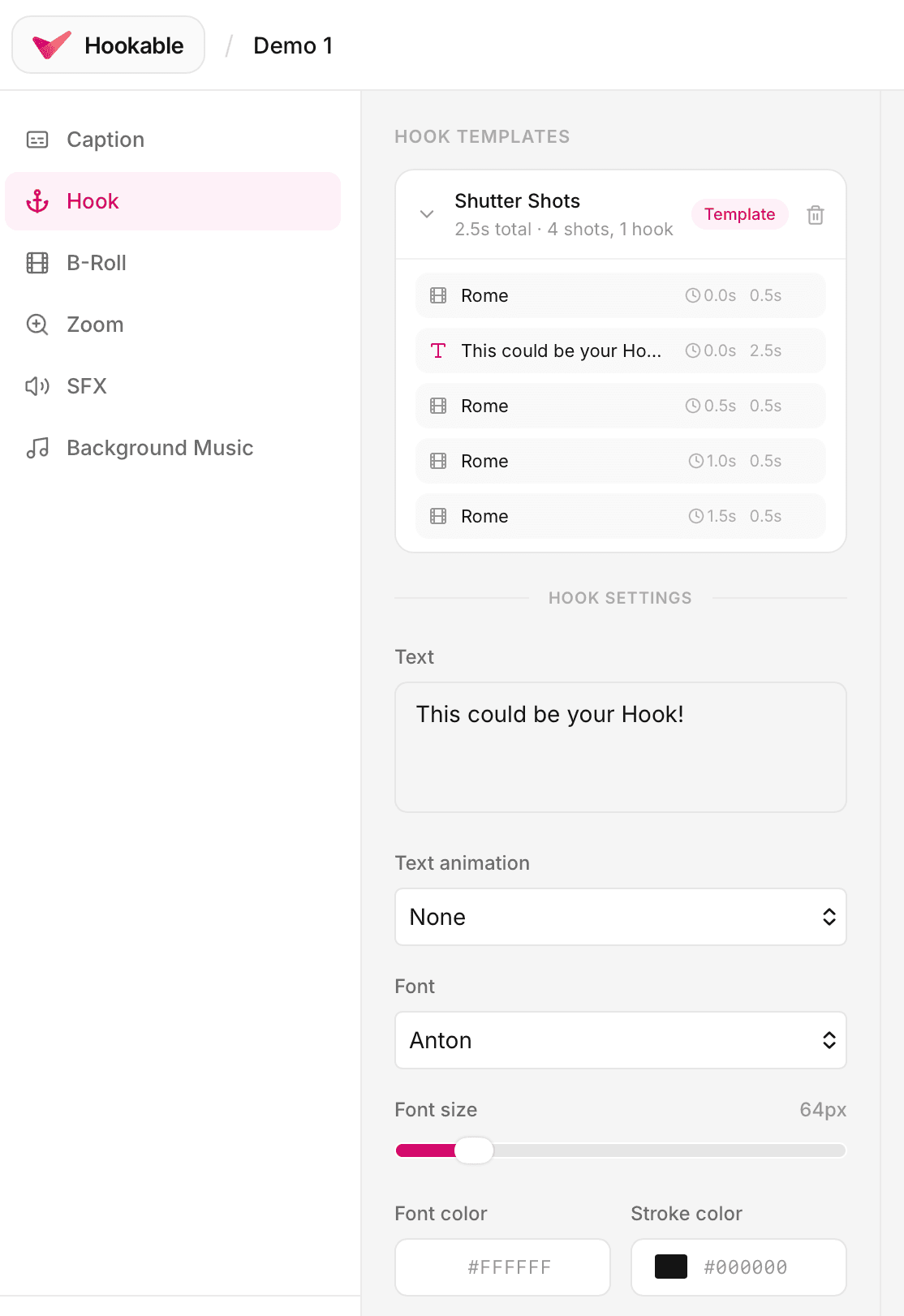 Hook Templates picker showing pre-built intro sequence options